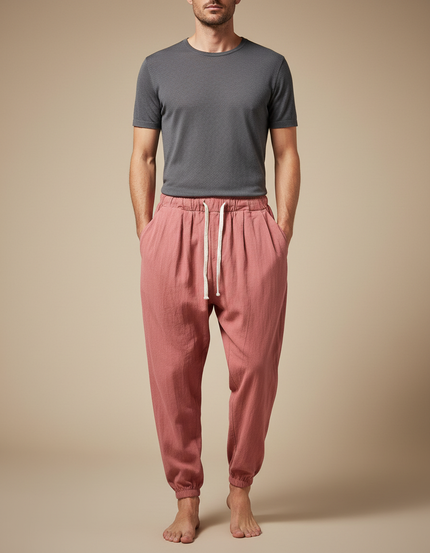 Pantalon Parachute Rose Lin Coton Ample Décontracté Homme
