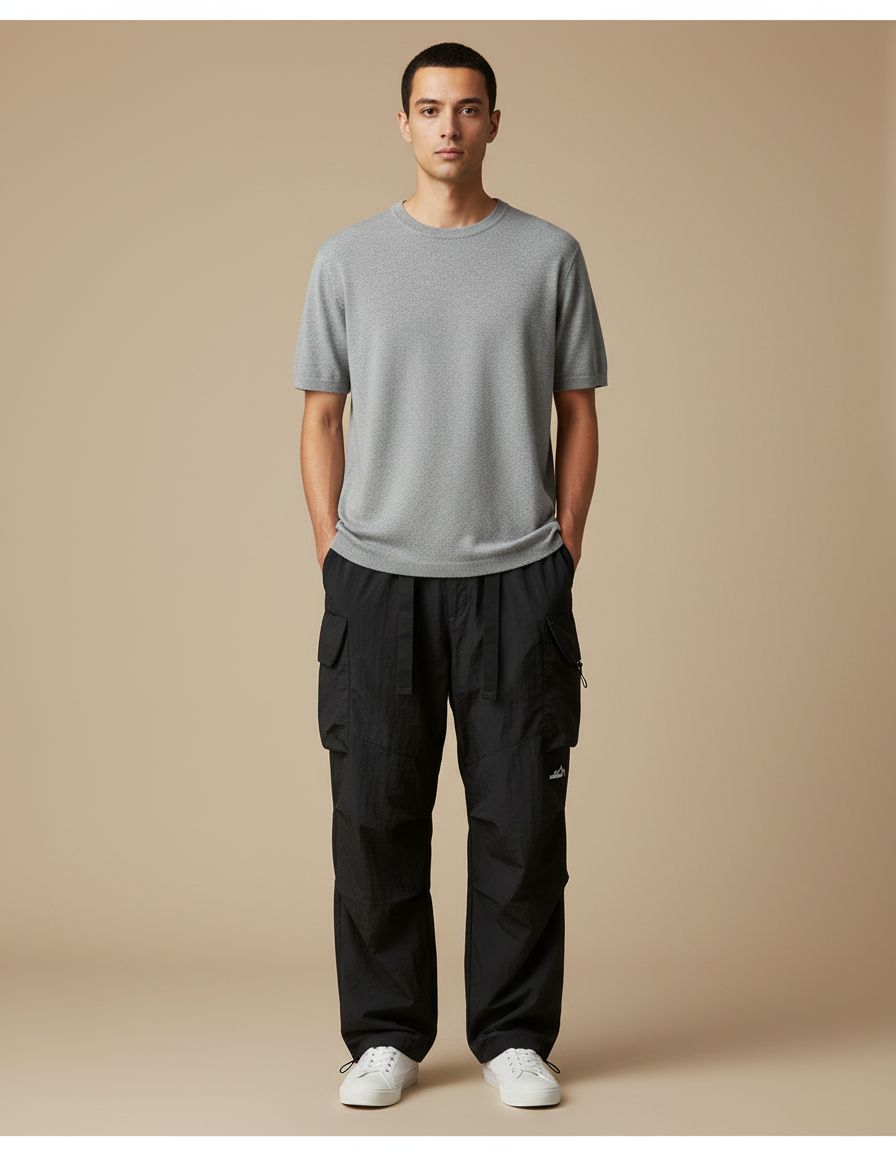 Pantalon Parachute Noir Tactique Ample Homme Décontracté - Polyester