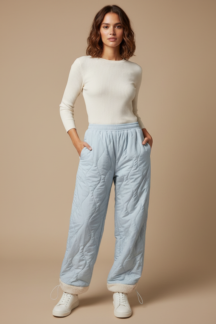Pantalon Parachute Bleu Matelassé Doublé Polaire Ample - Polyester