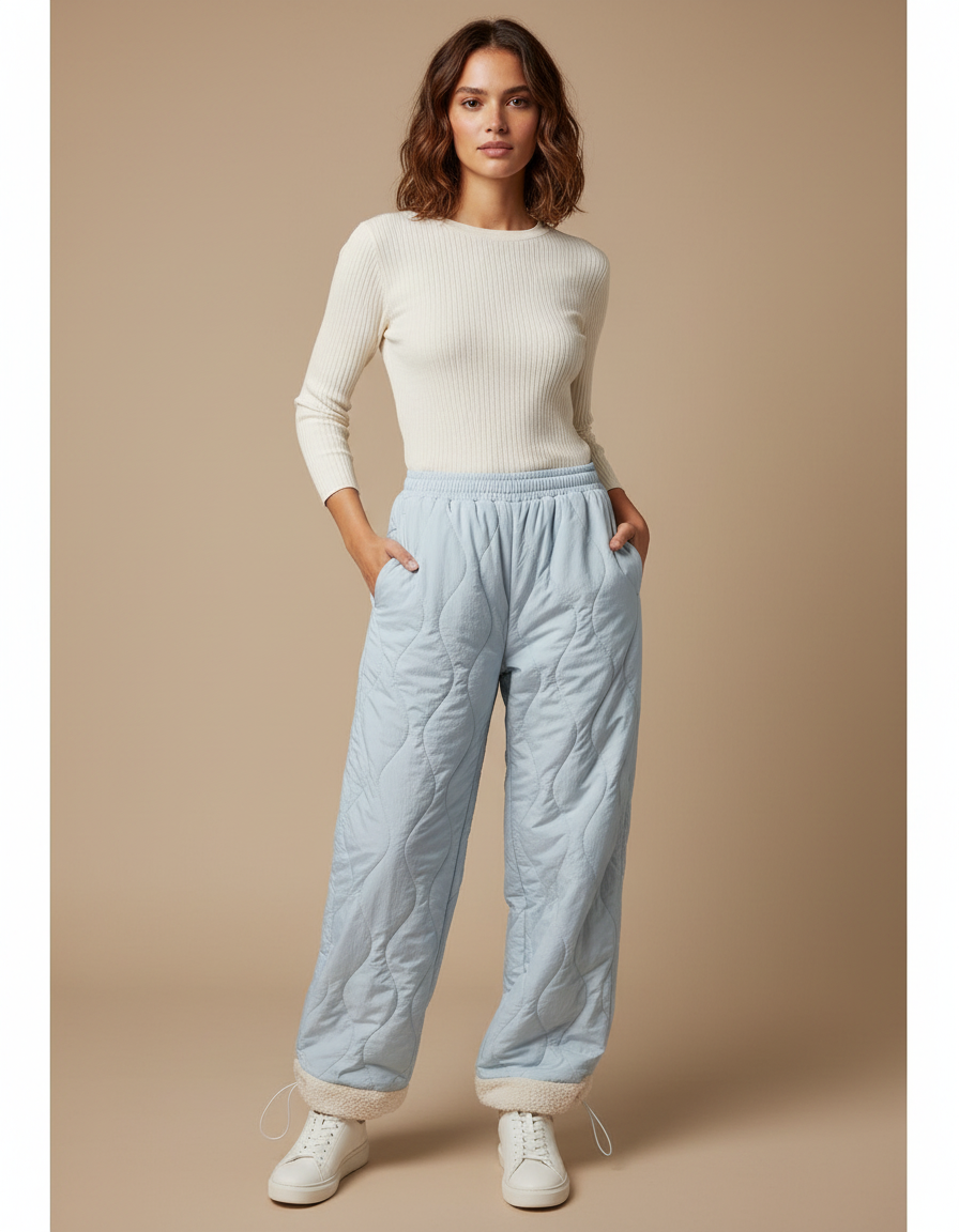 Pantalon Parachute Bleu Matelassé Doublé Polaire Ample - Polyester