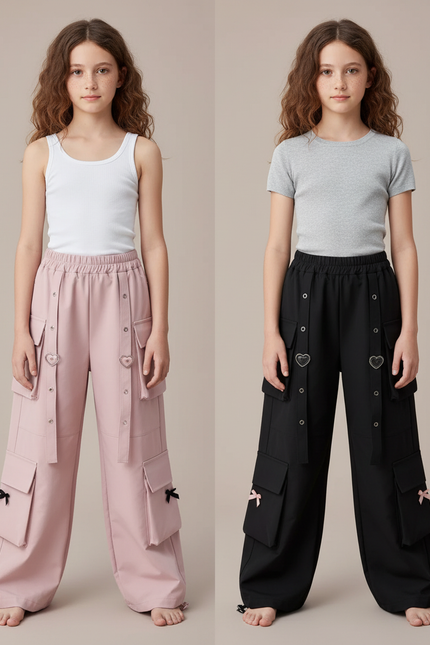 Pantalon Parachute Cargo Ample Rose Noir Fille - Polyester