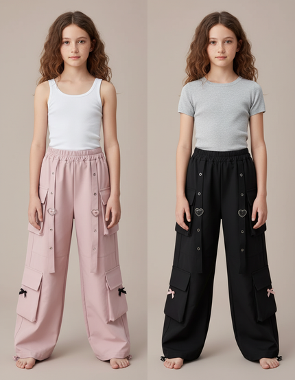 Pantalon Parachute Cargo Ample Rose Noir Fille - Polyester