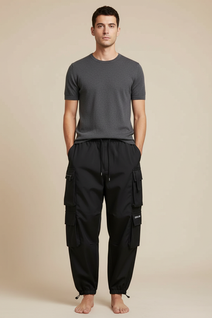 Pantalon Parachute Noir Cargo Ample Cordon Homme - Polyester