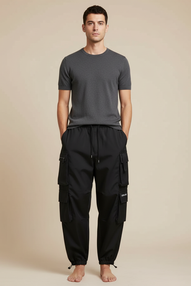 Pantalon Parachute Noir Cargo Ample Cordon Homme - Polyester