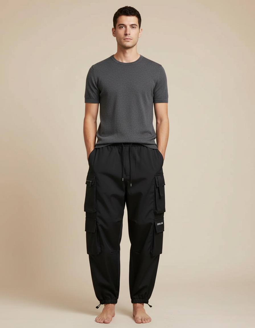 Pantalon Parachute Noir Cargo Ample Cordon Homme - Polyester