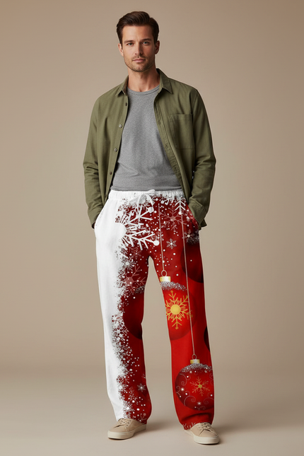 Pantalon Parachute Noël Rouge Blanc Flocons Décorations - Multicolore Polyester