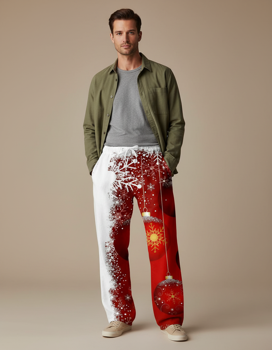 Pantalon Parachute Noël Rouge Blanc Flocons Décorations - Multicolore Polyester