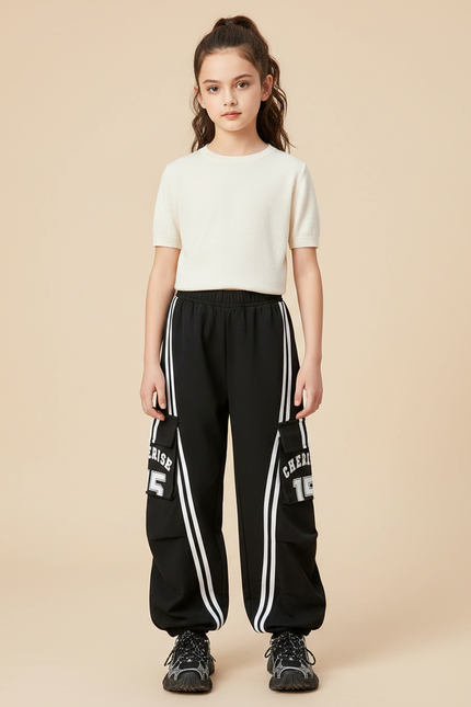Pantalon Parachute Noir Rayures Blanches Cargo Ample Fille - Polyester