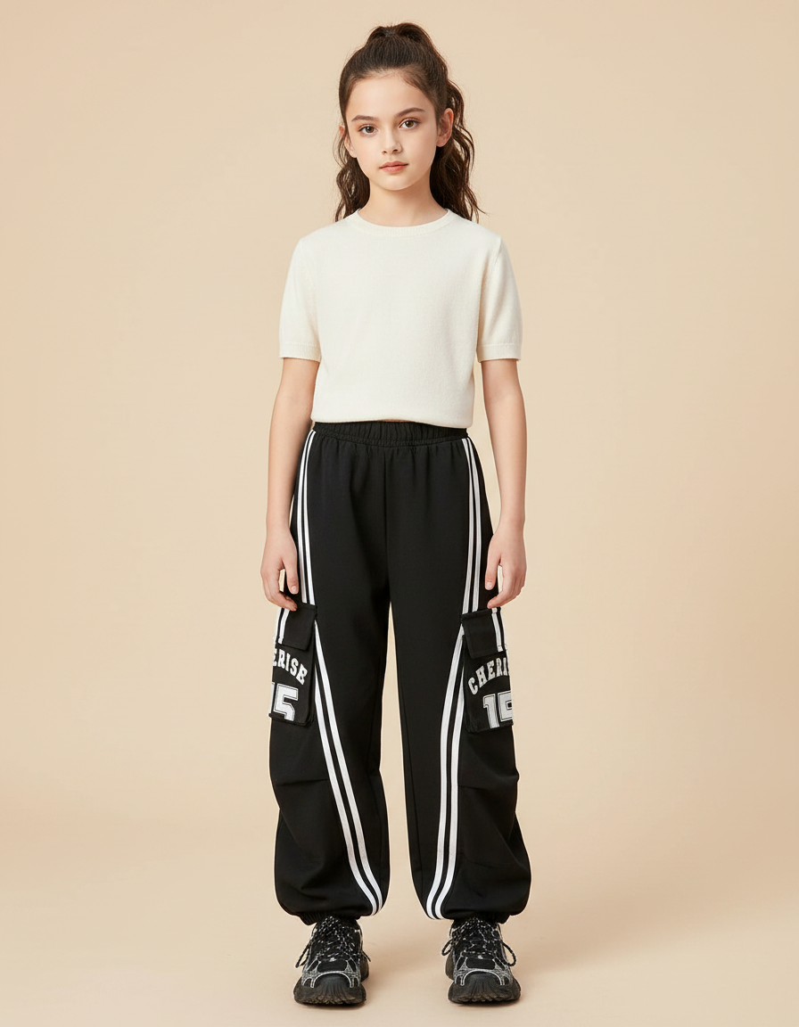 Pantalon Parachute Noir Rayures Blanches Cargo Ample Fille - Polyester