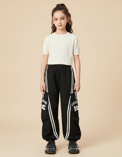 Pantalon Parachute Noir Rayures Blanches Cargo Ample Fille - Polyester