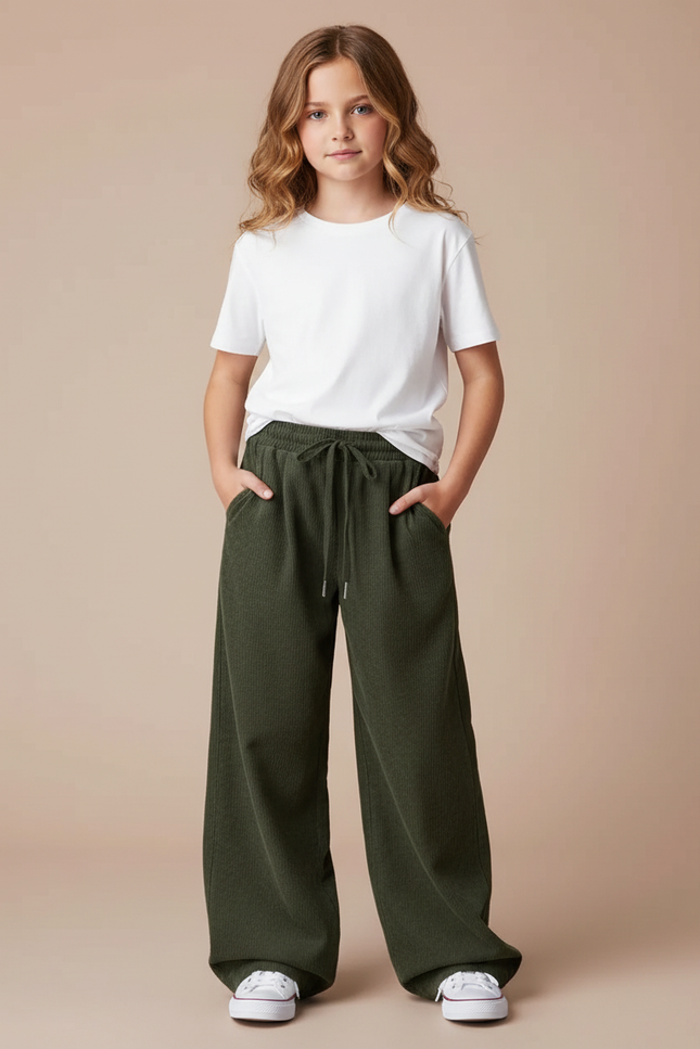 Pantalon Parachute Vert Cordon Ample Côtelé Fluide - Cordé