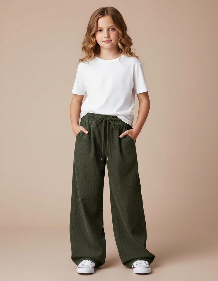 Pantalon Parachute Vert Cordon Ample Côtelé Fluide - Cordé