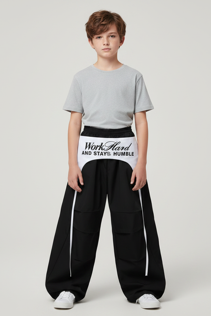 Pantalon Parachute Noir Ample Garçon Streetwear - Polyester