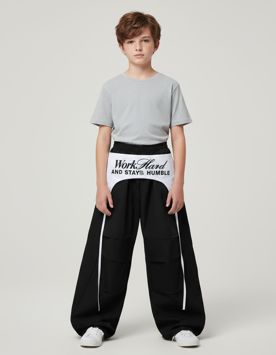 Pantalon Parachute Noir Ample Garçon Streetwear - Polyester