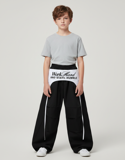 Pantalon Parachute Noir Ample Garçon Streetwear - Polyester