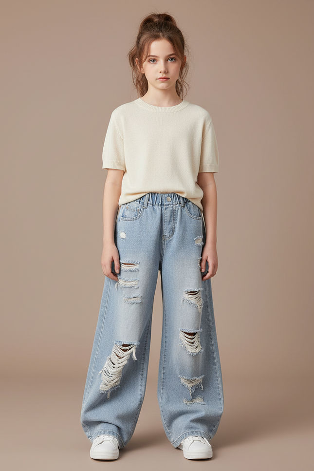 Pantalon Parachute Denim Ample Jean Fille Déchiré - Bleu