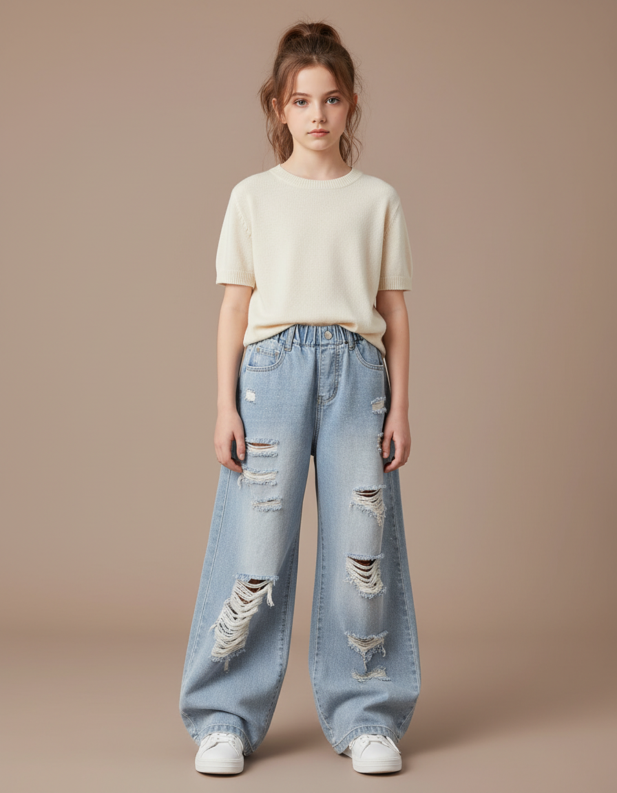 Pantalon Parachute Denim Ample Jean Fille Déchiré - Bleu