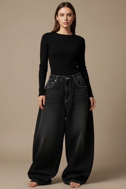 Pantalon Parachute Noir Ample Denim Décontracté Femme Y2K - Jean