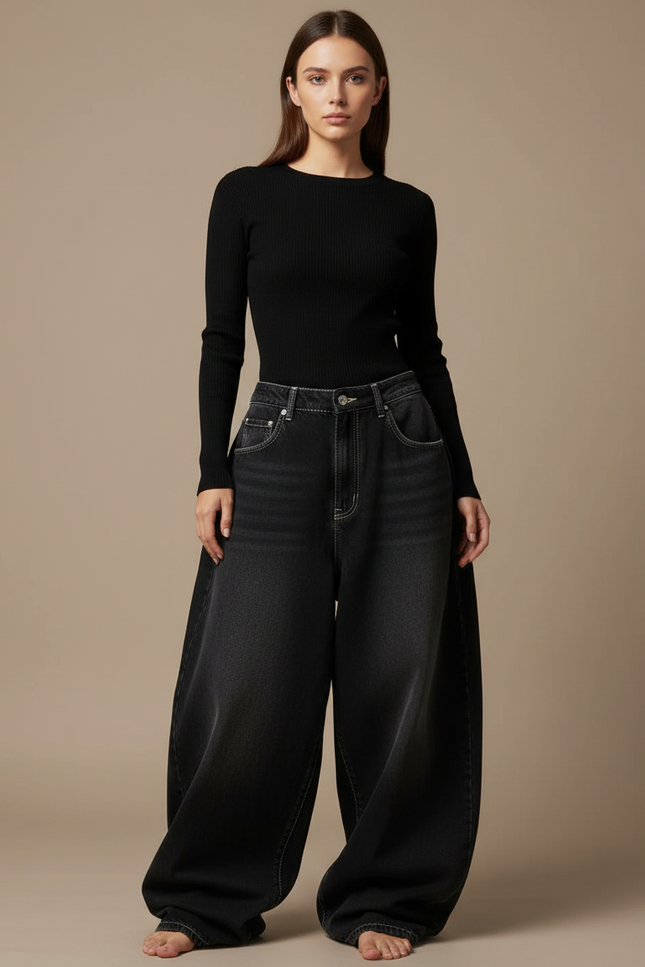 Pantalon Parachute Noir Ample Denim Décontracté Femme Y2K - Jean