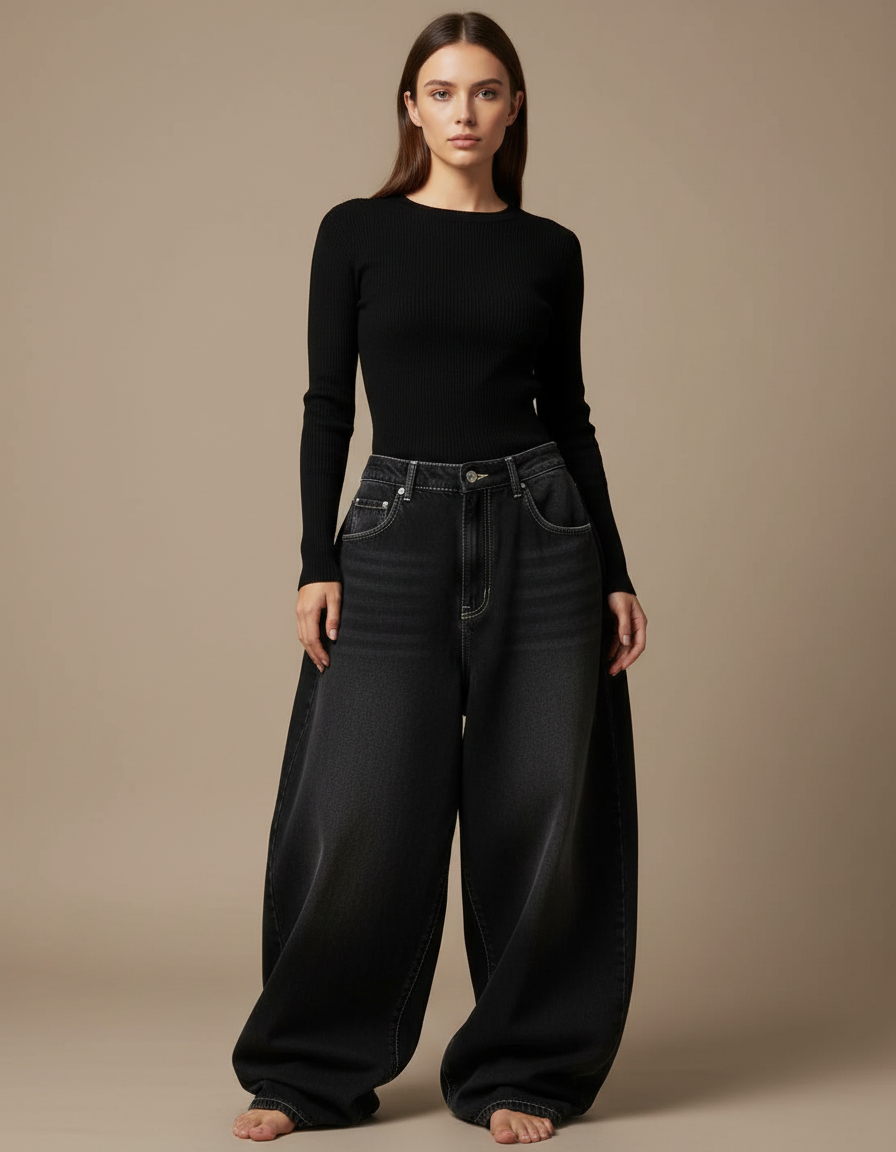 Pantalon Parachute Noir Ample Denim Décontracté Femme Y2K - Jean