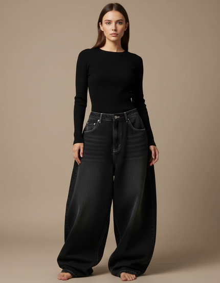 Pantalon Parachute Noir Ample Denim Décontracté Femme Y2K - Jean