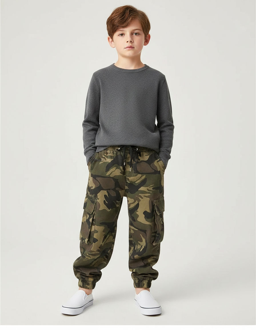 Pantalon Parachute Cargo Camouflage Ample Garçon Décontracté - Imprimé Toile