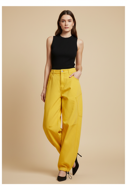 Pantalon Parachute Jaune Cargo Ample Femme Chic - Toile