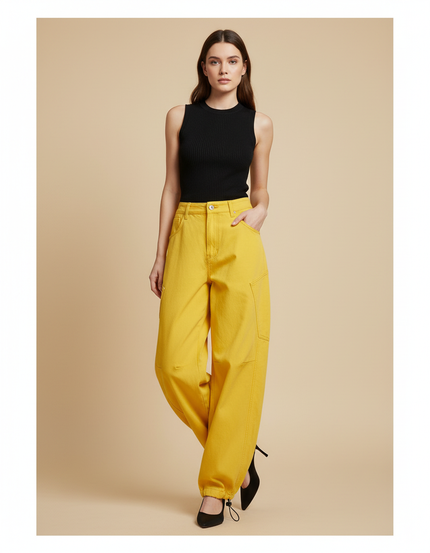 Pantalon Parachute Jaune Cargo Ample Femme Chic - Toile