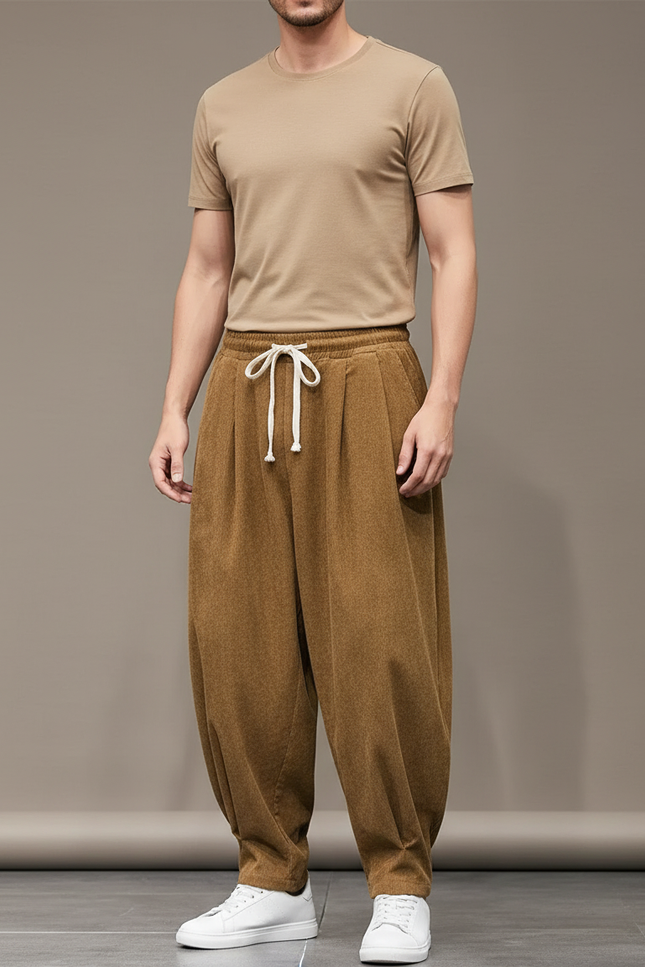 Pantalon Parachute Marron Ample Côtelé Décontracté Homme - Cordé