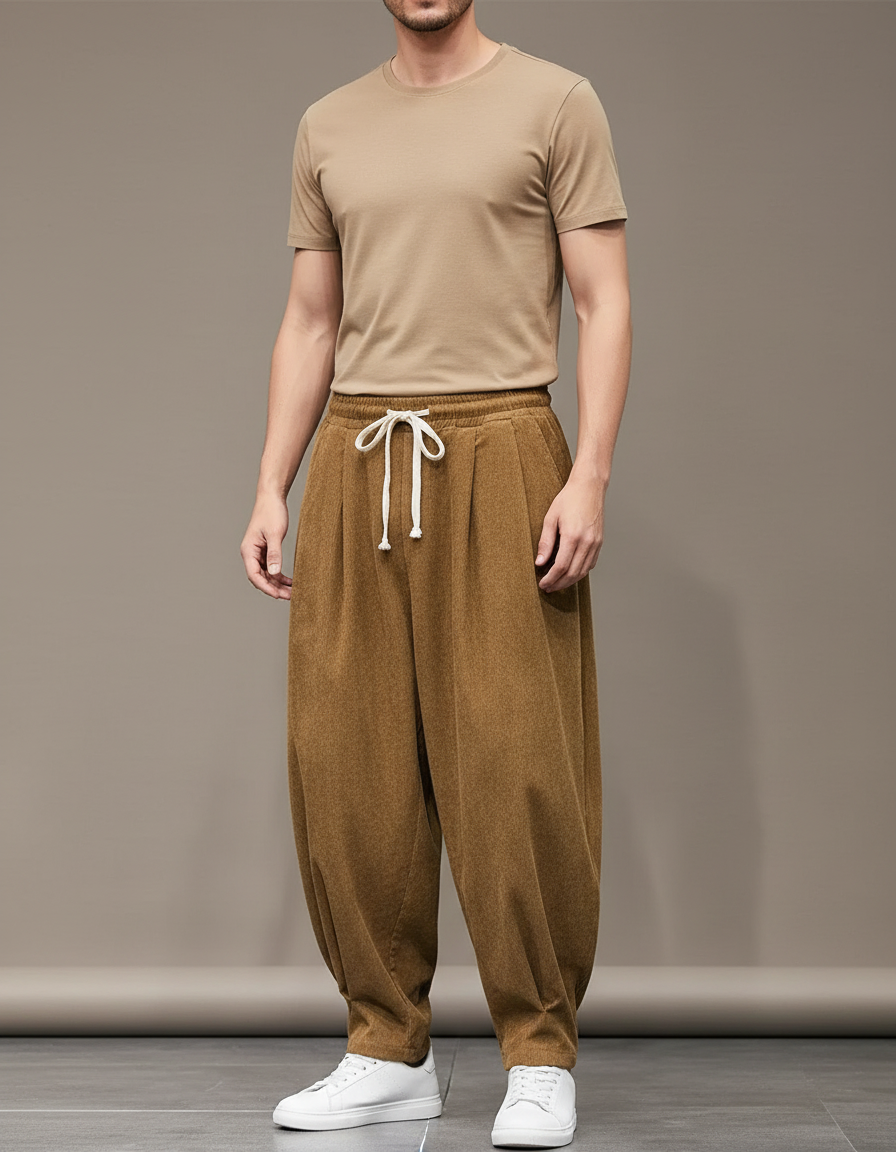 Pantalon Parachute Marron Ample Côtelé Décontracté Homme - Cordé
