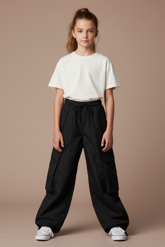 Pantalon Parachute Noir Ample Cargo Cordon Fille - Polyester