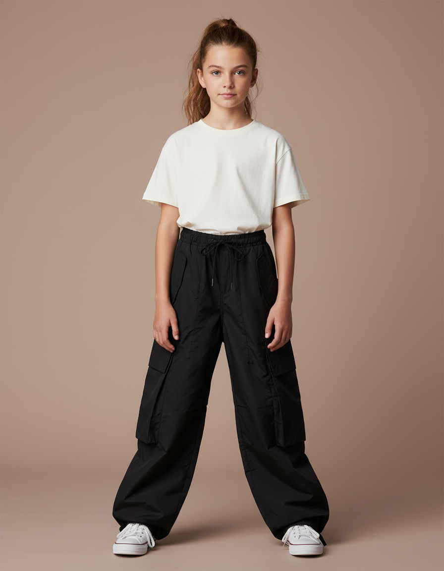 Pantalon Parachute Noir Ample Cargo Cordon Fille - Polyester
