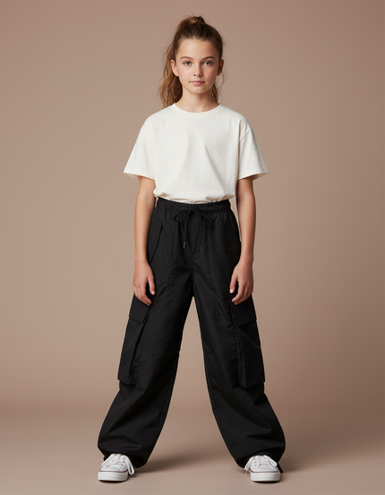 Pantalon Parachute Noir Ample Cargo Cordon Fille - Polyester