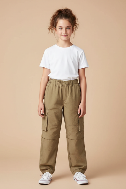 Pantalon Parachute Kaki Ample Cargo Convertible Enfant - Polyester