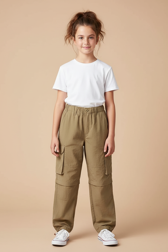 Pantalon Parachute Kaki Ample Cargo Convertible Enfant - Polyester