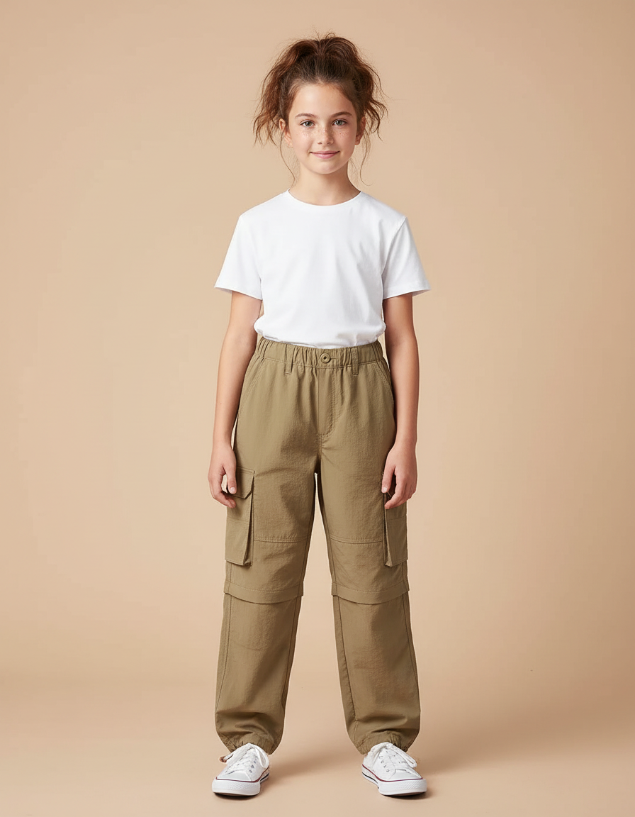 Pantalon Parachute Kaki Ample Cargo Convertible Enfant - Polyester