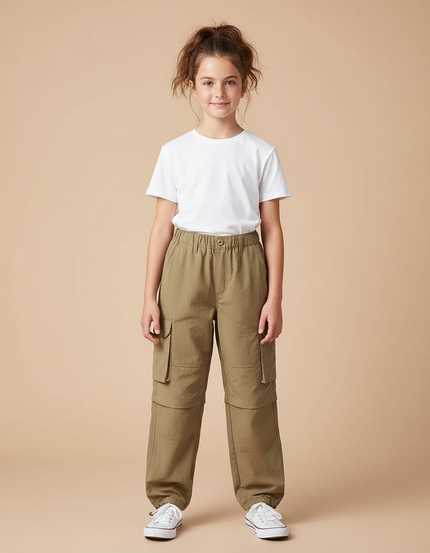 Pantalon Parachute Kaki Ample Cargo Convertible Enfant - Polyester