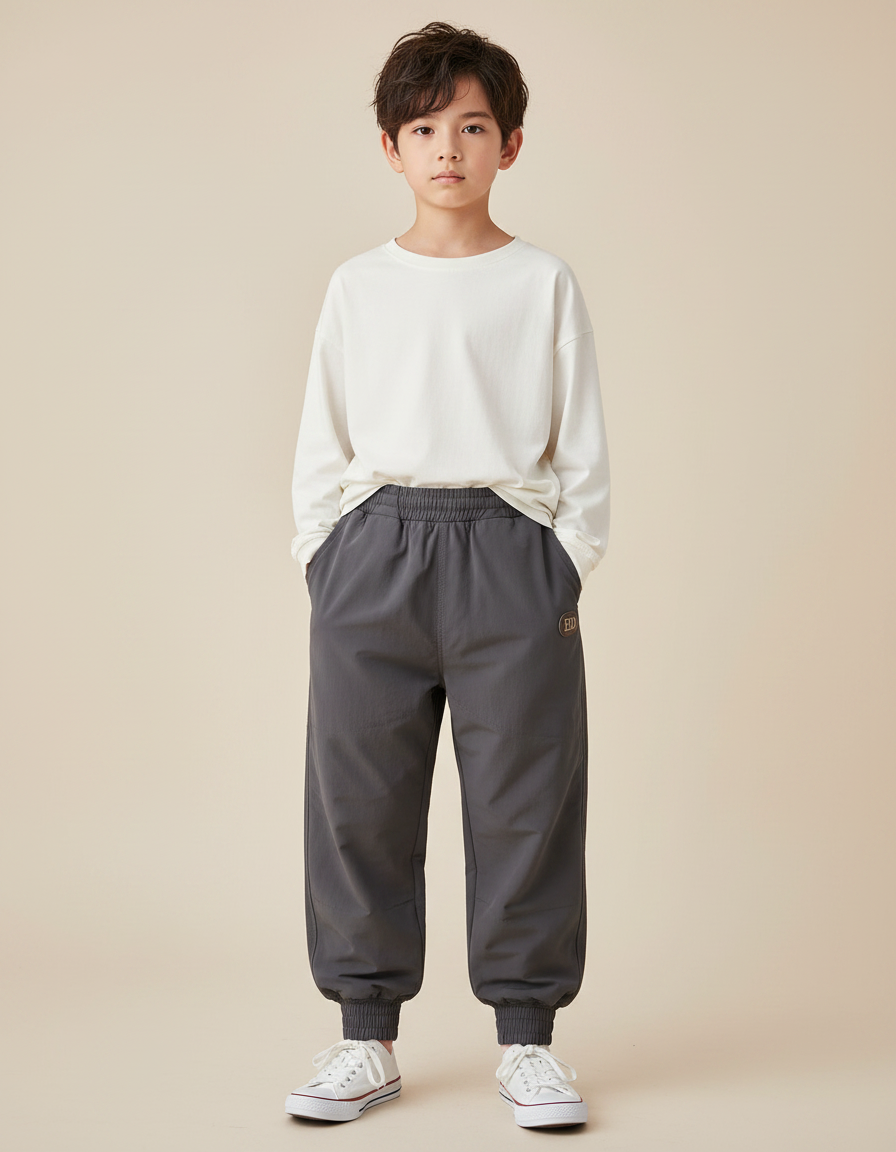 Pantalon Parachute Gris Ample Enfants Jogger Élastiqué - Polyester