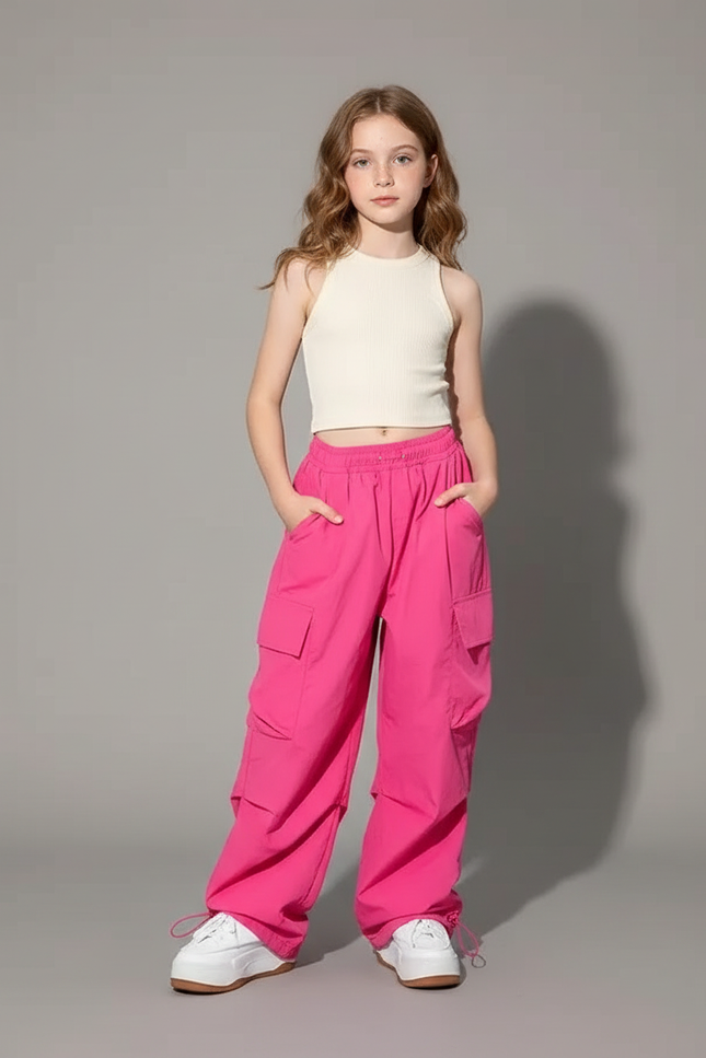 Pantalon Parachute Rose Vif Cargo Ample Enfant - Polyester