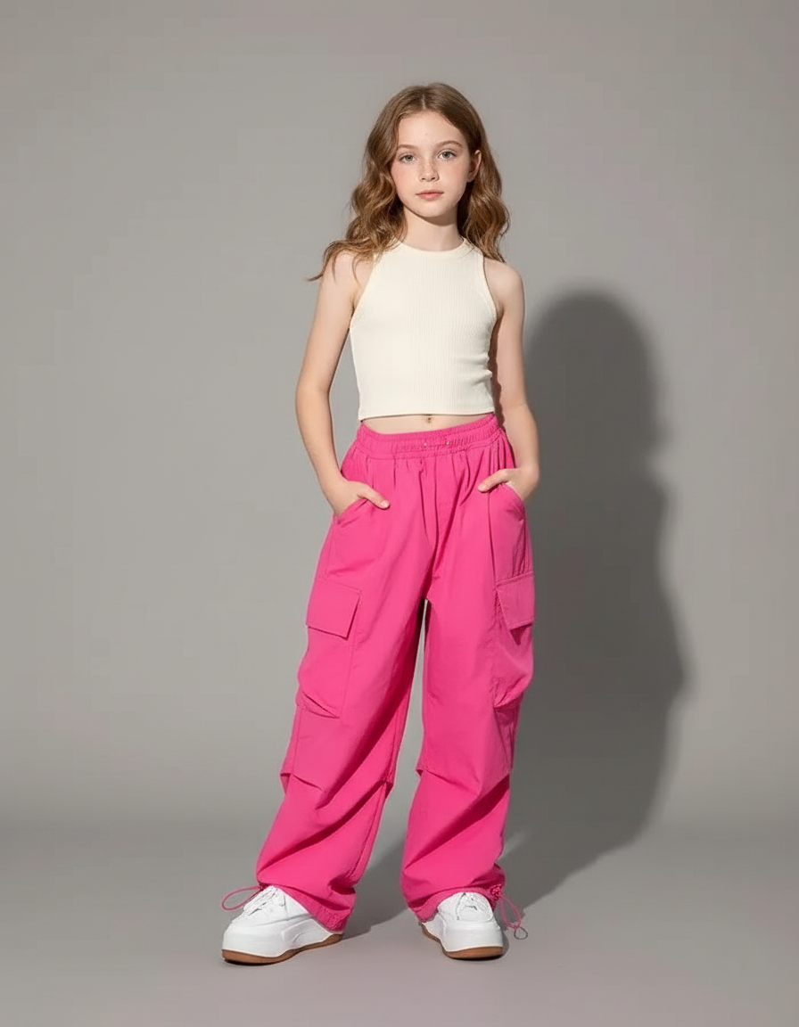 Pantalon Parachute Rose Vif Cargo Ample Enfant - Polyester