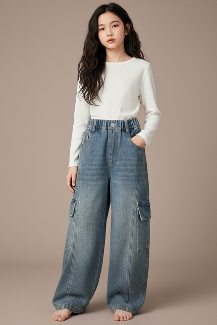 Pantalon Parachute Jean Ample Cargo Fille - Bleu