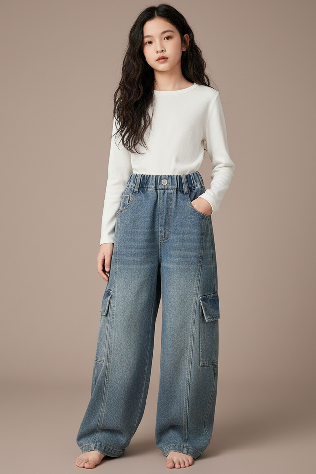 Pantalon Parachute Jean Ample Cargo Fille - Bleu