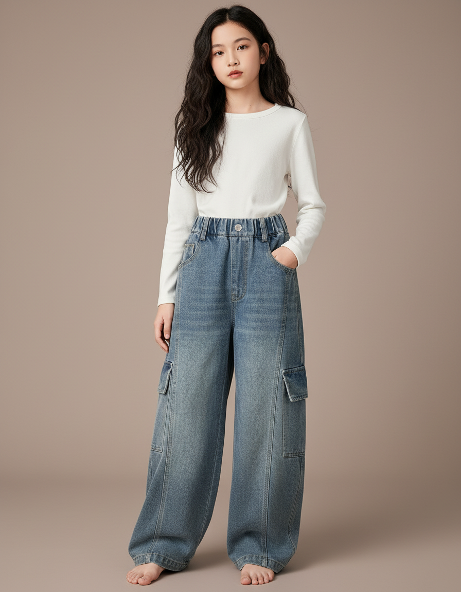 Pantalon Parachute Jean Ample Cargo Fille - Bleu