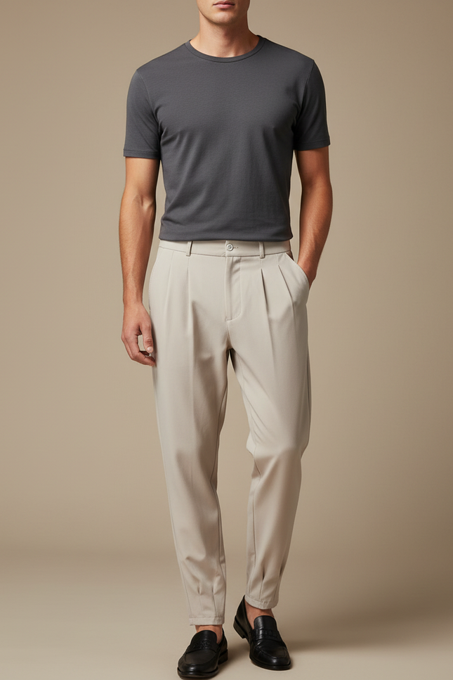Pantalon Parachute Beige Plissé Fluide Homme Élégant - Polyester