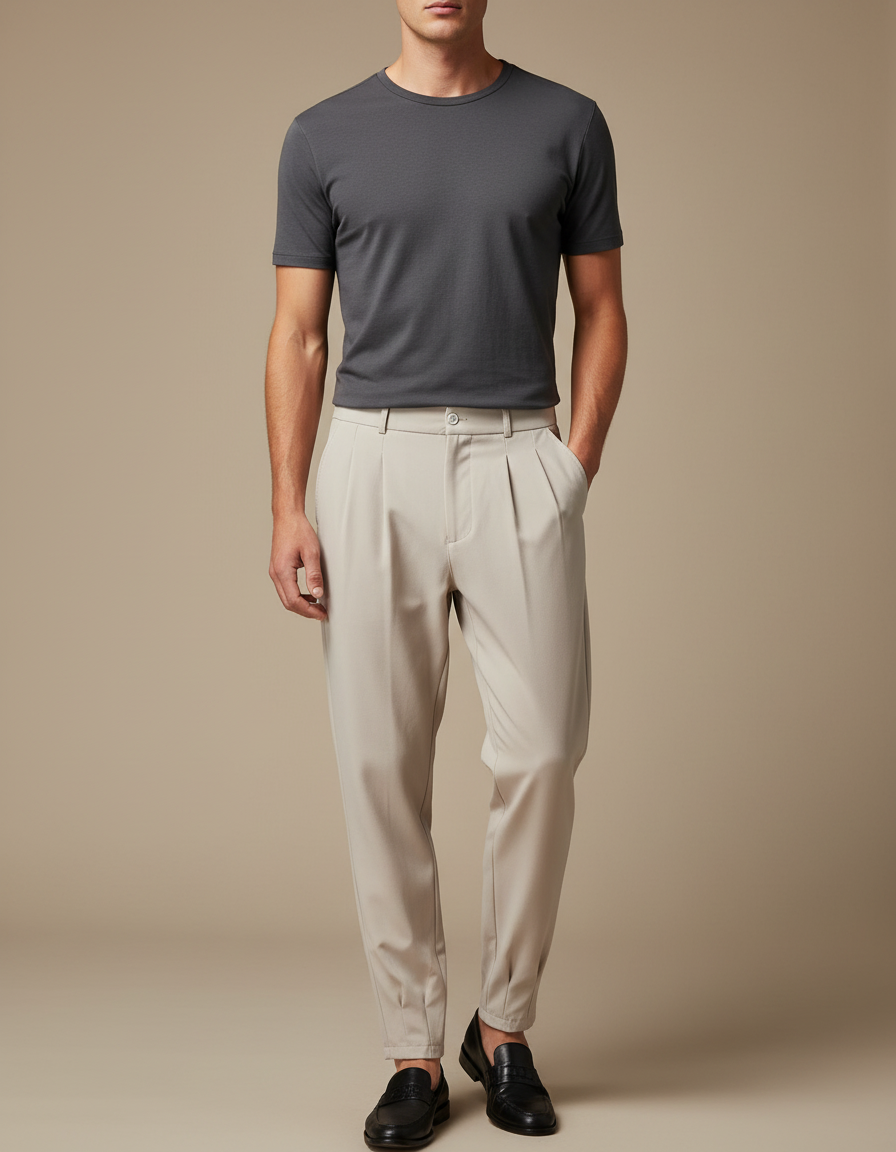 Pantalon Parachute Beige Plissé Fluide Homme Élégant - Polyester