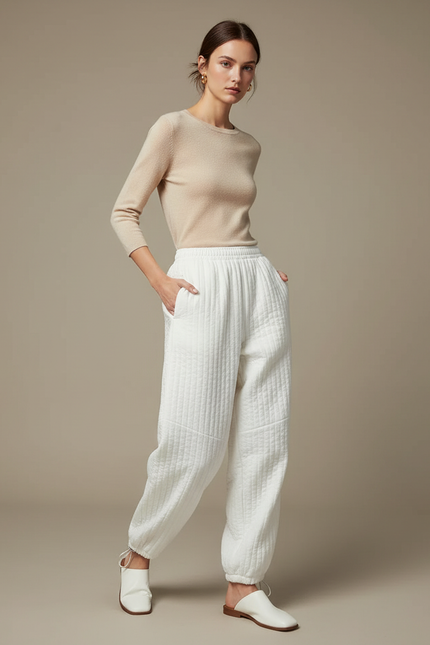 Pantalon Parachute Blanc Matelassé Ample Décontracté Femme - Molleton
