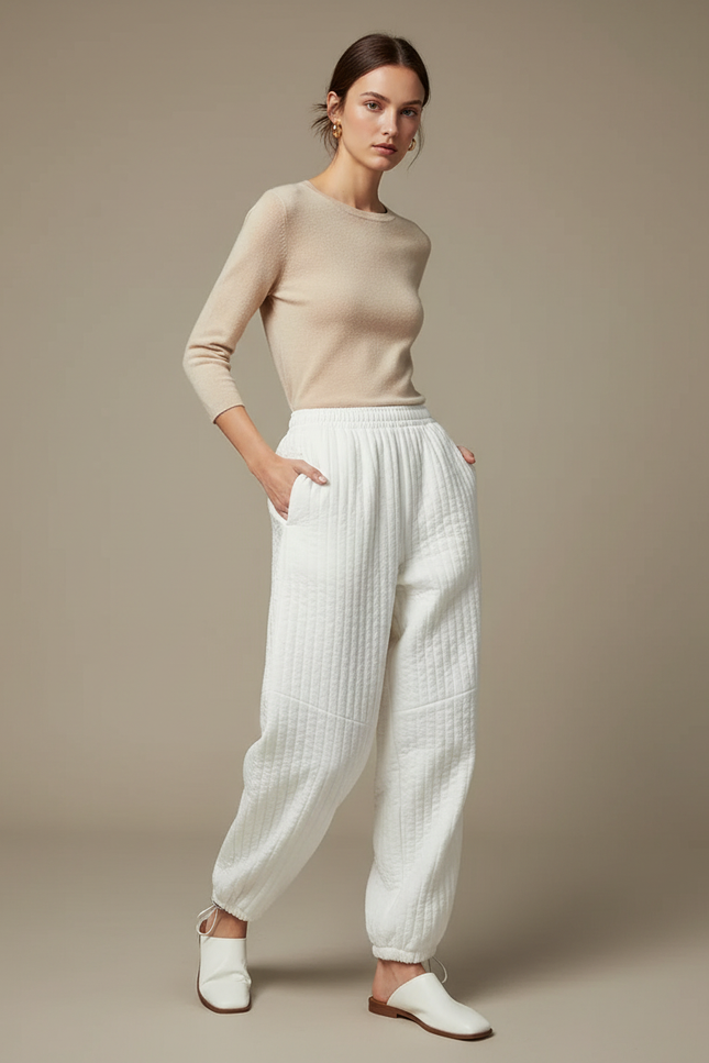 Pantalon Parachute Blanc Matelassé Ample Décontracté Femme - Molleton