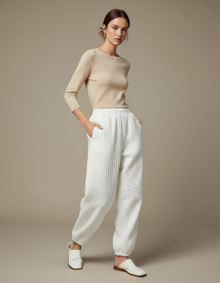 Pantalon Parachute Blanc Matelassé Ample Décontracté Femme - Molleton
