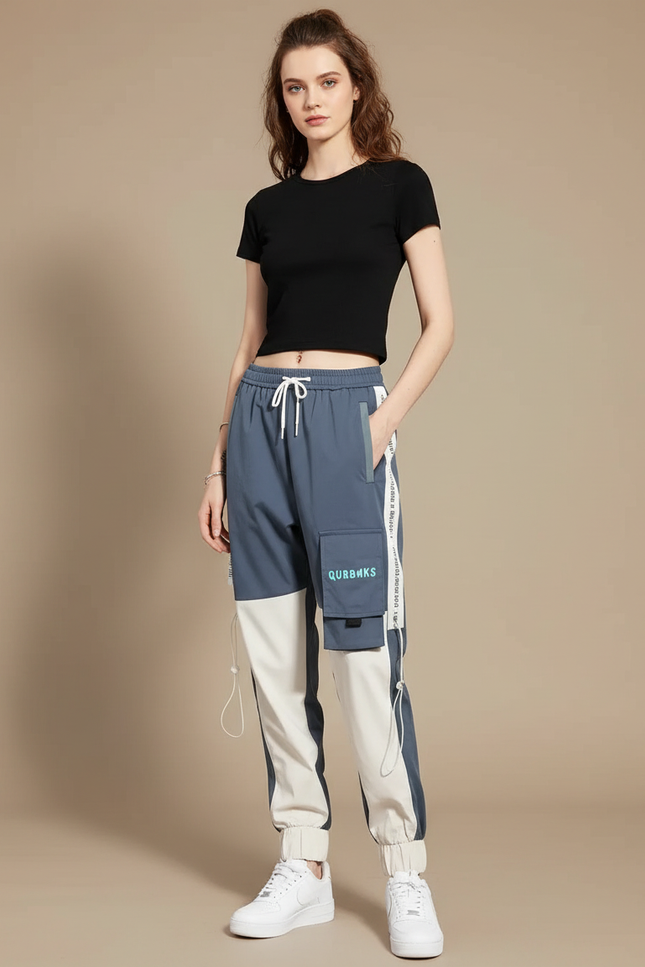 Pantalon Parachute Bicolore Cargo Ample Cordon Streetwear - Multicolore Polyester
