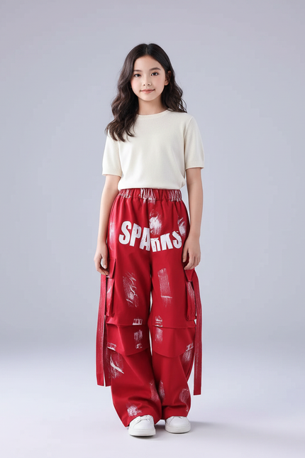 Pantalon Parachute Rouge Cargo Imprimé Ample Fille - Toile